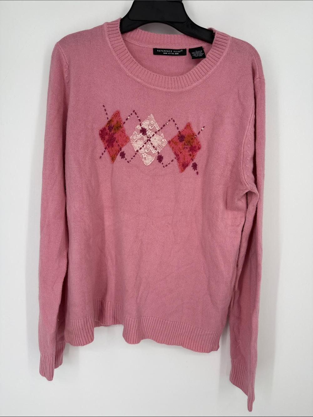 Vtg Y2K Reference Point Pink Argyle Crewneck Sweater size L